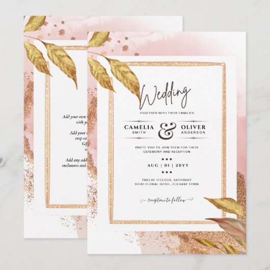 Invitation ROSE BUDGET Gold Feuilles de mariage Inviter QR Co (Devant / Derrière)