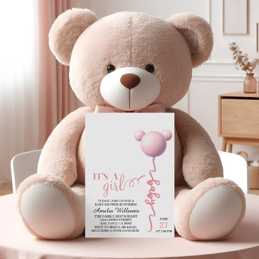 Invitation Rose C'est une fille Teddy Balloon Shower