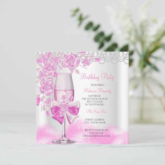 Invitation Rose Champagne Blanc Anniversaire (Debout devant)