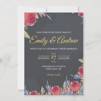 Invitation Rose Charbon Moderne Fleurie Aquarelle Mariage