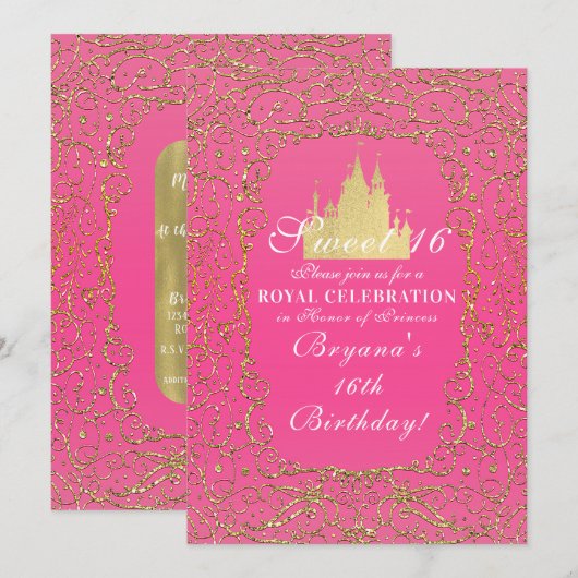 Invitation Rose Chaud Et Or Château Royal Princesse Douce 16 (Devant / Derrière)