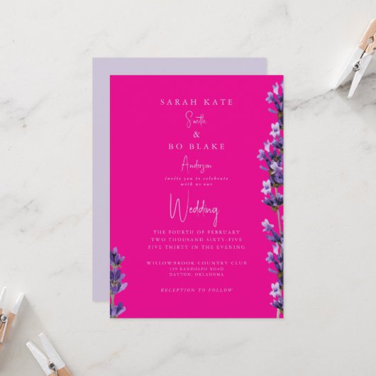Invitation Rose chaud & Lavender Floral Pas de parents Mariag (Devant/Arrière en situation)