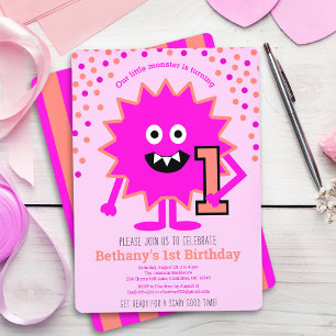Invitation Rose Chaud Mignon Petit Monstre 1er Anniversaire P