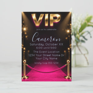 Invitation Rose Chaud Noir & Or Tapis Rouge Anniversaire VIP