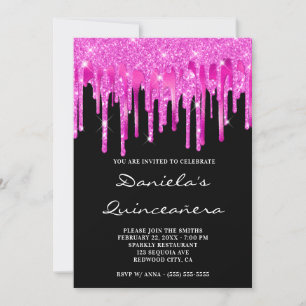 Invitation Rose Chaud Paillettes Drips Feuille Noire Quinceañ