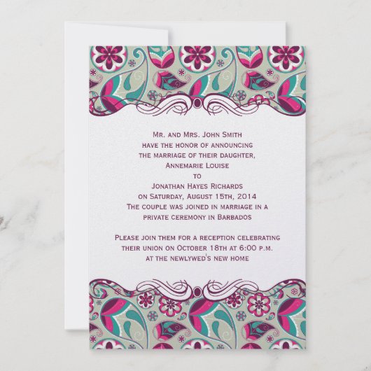 Invitation Rose Chaud Paisley sarcelle Post Mariage (Devant)