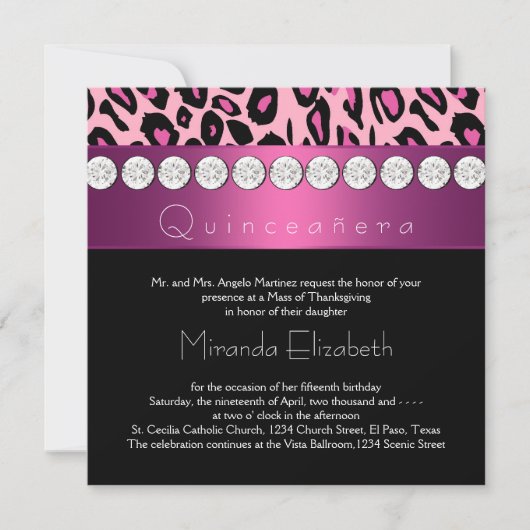 Invitation Rose Chaude Léopard Quinceanera (Devant)