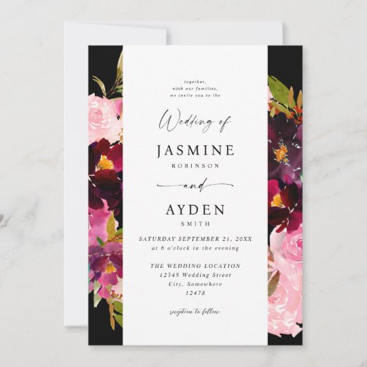 Invitation Rose Chaude & Rose Pâle & Mariage Violet V3- Noir (Devant)