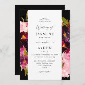 Invitation Rose Chaude & Rose Pâle & Mariage Violet V3- Noir (Devant / Derrière)