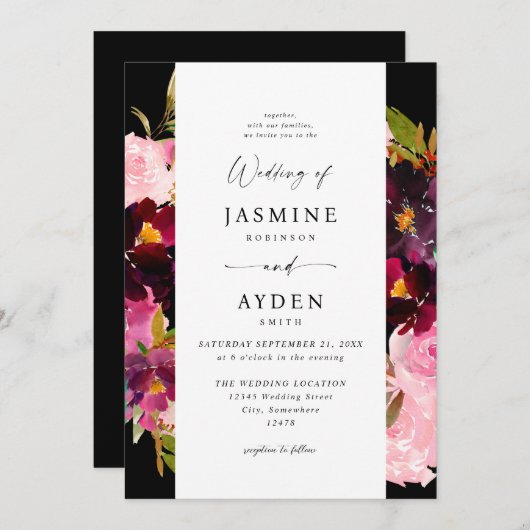 Invitation Rose Chaude & Rose Pâle & Mariage Violet V3- Noir (Devant / Derrière)