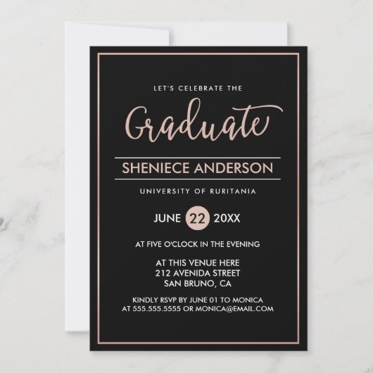 Invitation Rose chic Gold & Black Script & Script Graduation (Devant)