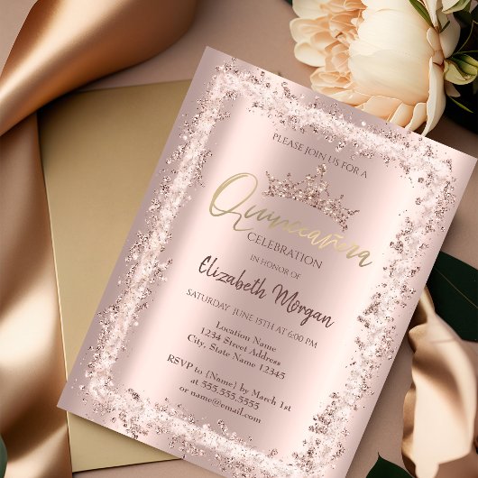 Invitation Rose Chic Gold Parties scintillant Cadre Couronne