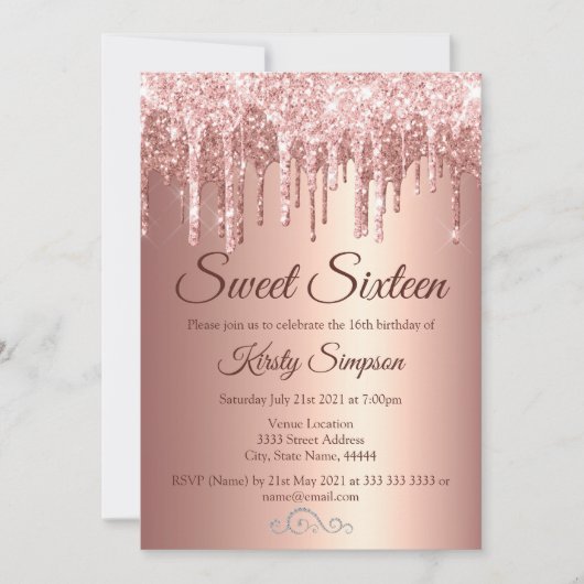 Invitation Rose Chic Parties scintillant or Sweet sixteen éti (Devant)
