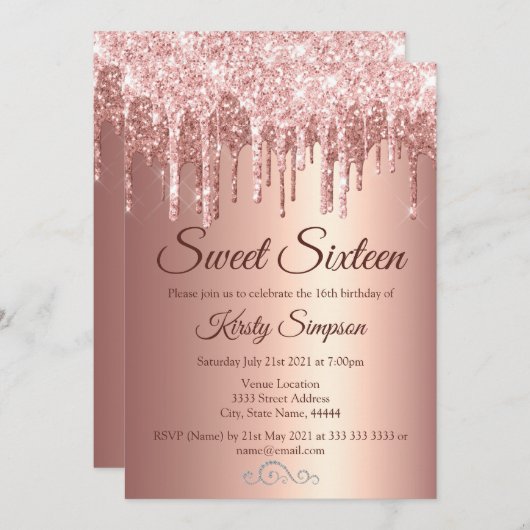 Invitation Rose Chic Parties scintillant or Sweet sixteen éti (Devant / Derrière)