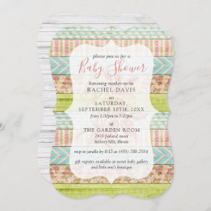 Invitation Rose Chic Shabby Baby shower Floral Rustique Bois