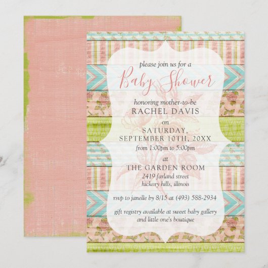Invitation Rose Chic Shabby Baby shower Floral Rustique Bois (Devant / Derrière)