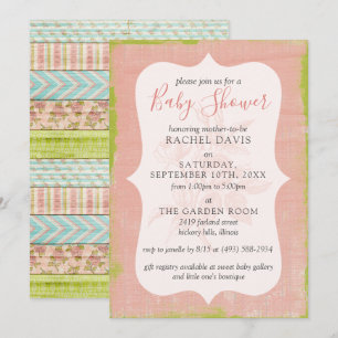 Invitation Rose Chic Shabby Baby shower Floral Rustique Bois