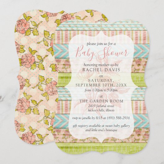 Invitation Rose Chic Shabby Baby shower Floral Rustique Bois (Devant / Derrière)
