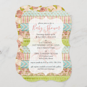 Invitation Rose Chic Shabby Baby shower Floral Rustique Bois