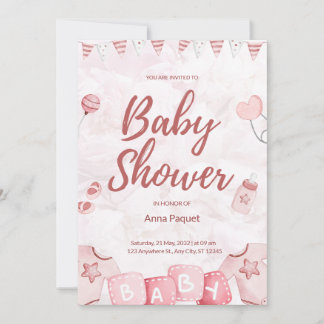 Invitation Rose Clair Aquarelle Illustrative Enfantin Moderne