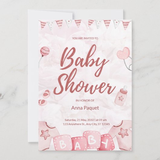 Invitation Rose Clair Aquarelle Illustrative Moderne Enfantin (Devant)