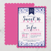 Invitation Rose clair, blanc, bleu marine Sweet 16 Party (Devant / Derrière)