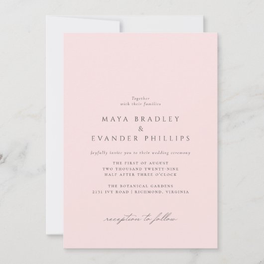 Invitation Rose clair | Élégant Mariage de style classique (Devant)