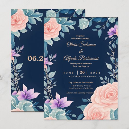 Invitation Rose clair et bleu marine floral élégant moderne (Devant / Derrière)