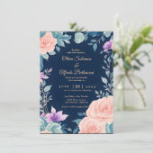 Invitation Rose clair et bleu marine floral élégant moderne (Debout devant)