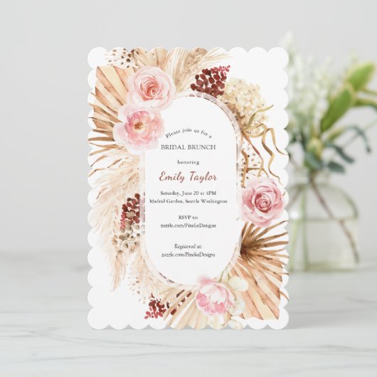 Invitation Rose clair moderne Boho Arch Pampas Grass Floral  (Debout devant)