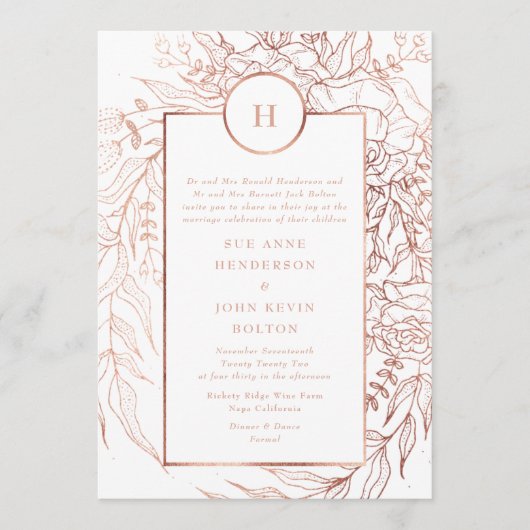 Invitation Rose classique Dusty or Monogramme Mariage de cour (Devant)