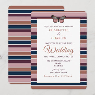 Invitation Rose classique Gold Navy Plum Stripe Motif