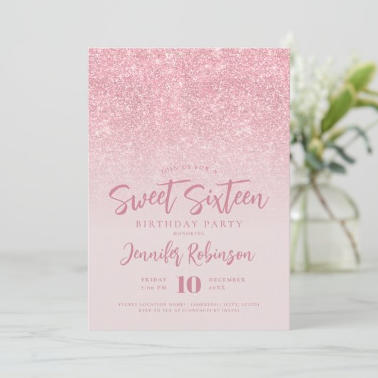 Invitation Rose classique Parties scintillant en or Blush Pho (Debout devant)
