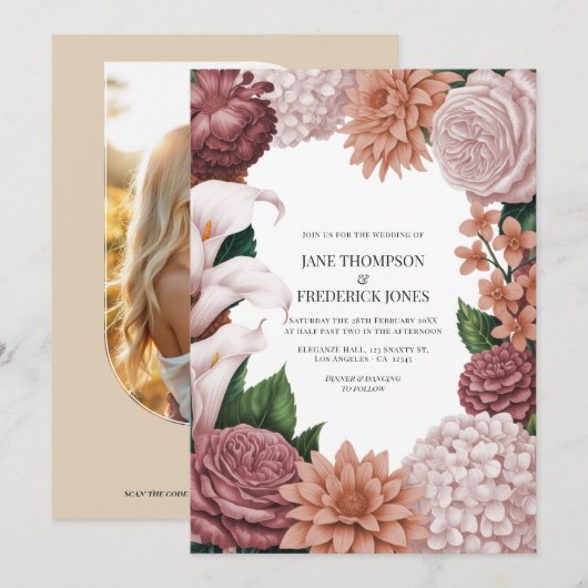 Invitation Rosé Clay, Terra Pink & Peony Smoke Floral Wedding (Devant / Derrière)