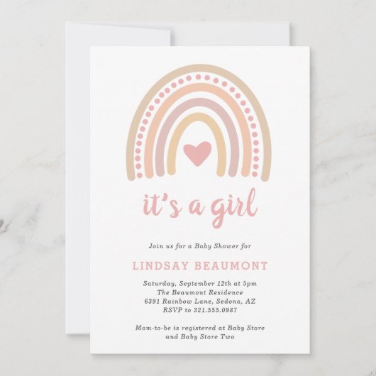 Invitation Rose Coeur mignon fille Boho Baby shower arc-en-ci (Devant)