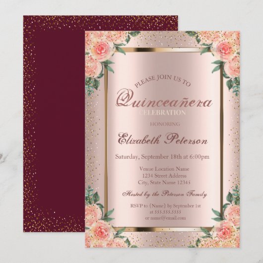 Invitation Rose Confetti Rose Gold, Bourgogne Quinceañera (Devant / Derrière)
