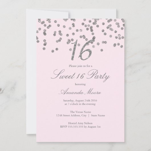 Invitation Rose Confettis Argent pour Sweet Sixtee (Devant)