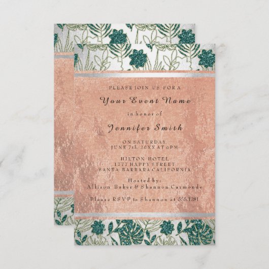 Invitation Rose Copper Silver Bridal 16th Monstera Palm (Devant / Derrière)