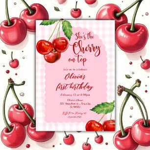Invitation Rose Coquette Cerise sur le dessus Fille 1er Anniv