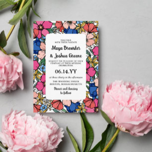 Invitation Rose Corail Fleurs Bleues Mariage Printemps Été