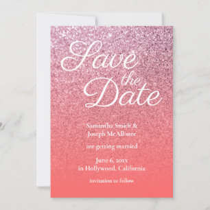 Invitation Rose Corail Ombré Paillettes Enregistrez la Date