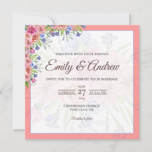 Invitation Rose Corail Rose Florale Aquarelle Carré Mariage