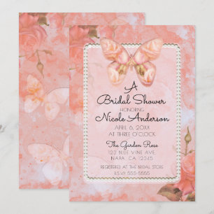 Invitation Rose corail rose vintage papillon douche de mariag