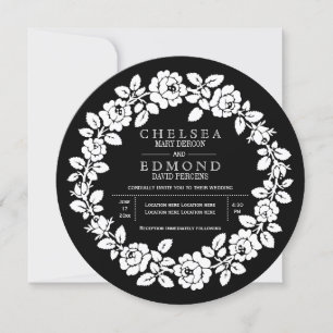 Invitation Rose couronne noir et blanc mariage moderne