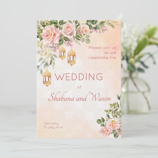 Invitation Rose crème pastel lanternes marocaines mariage (Debout devant)