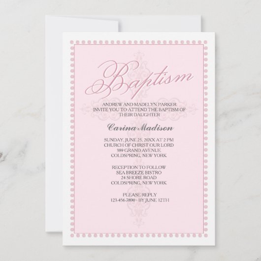 Invitation rose croisée de baptême (Devant)