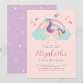 Invitation Rose | Cute Rainbow Unicorn Personnalisé Anniversa (Devant / Derrière)