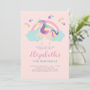 Invitation Rose   Cute Rainbow Unicorn Personnalisé Anniversa