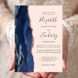 Invitation Rose d'Agate bleu marine moderne Mariage de Blush<br><div class="desc">Le bord gauche de cette élégante faire-part de mariage moderne est orné d'une bordure en aquarelle bleu marine ornée d'une parties scintillant en or rose. Le texte personnalisable combine un script d'écriture manuscrite noir ardoise avec des polices cuivre et italique sur un arrière - plan rose pâle. L'envers est assorti...</div>
