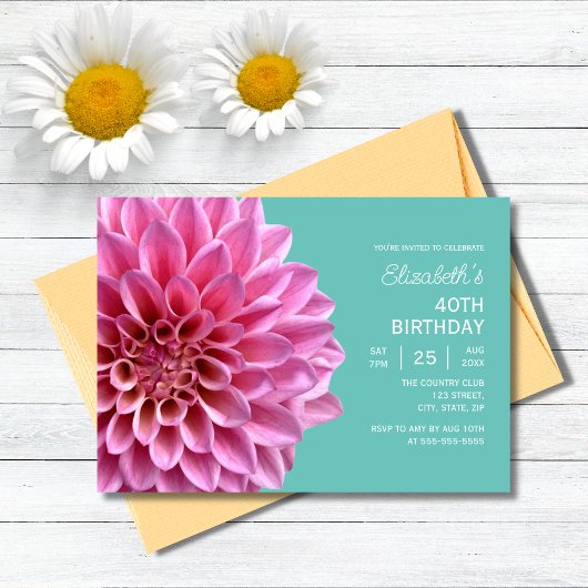 Invitation Rose Dahlia Floral Turquoise 40e anniversaire